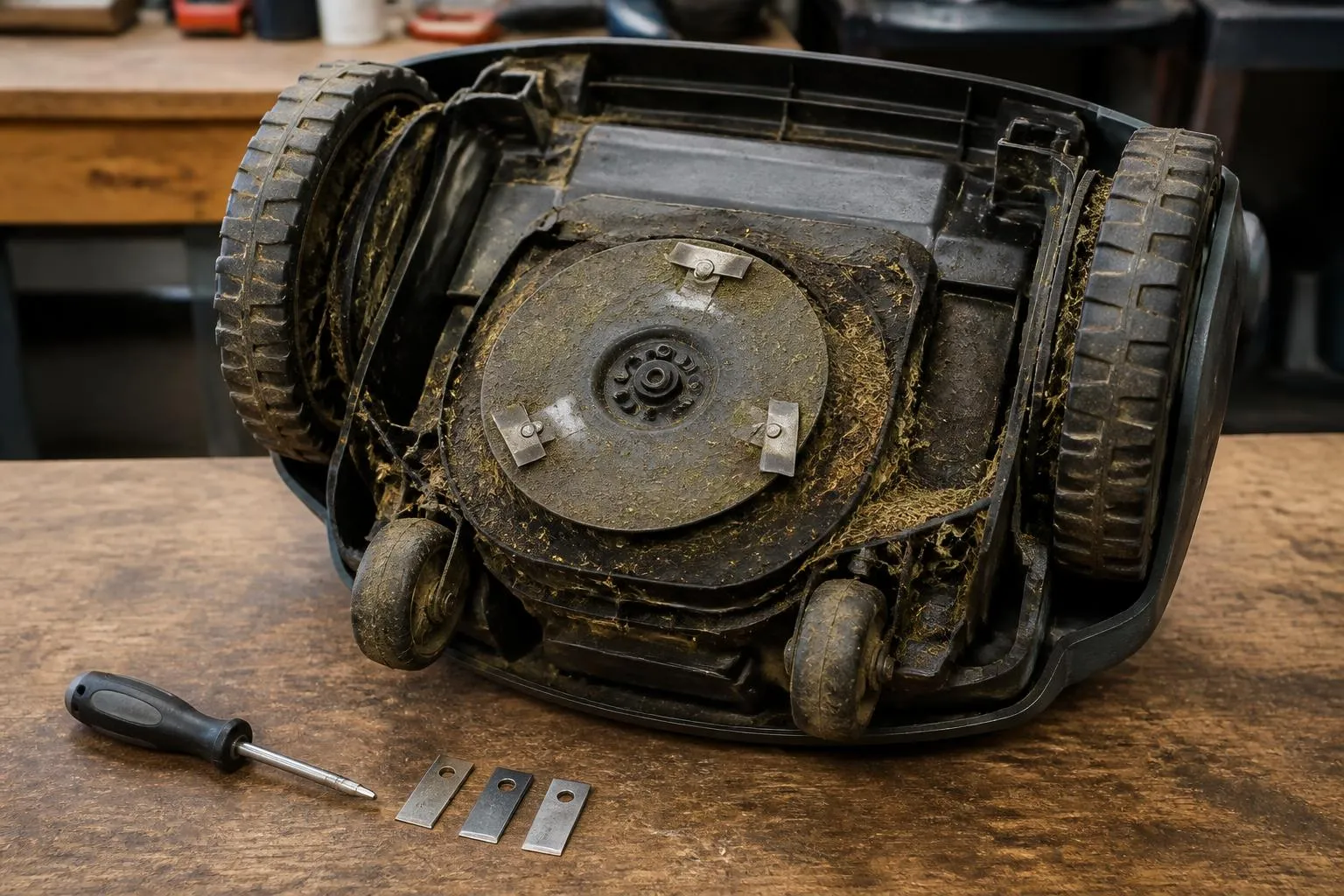 Robot tondeuse retourné sur un établi, disque de lames et roues motrices visibles, herbe sèche collée sous le châssis