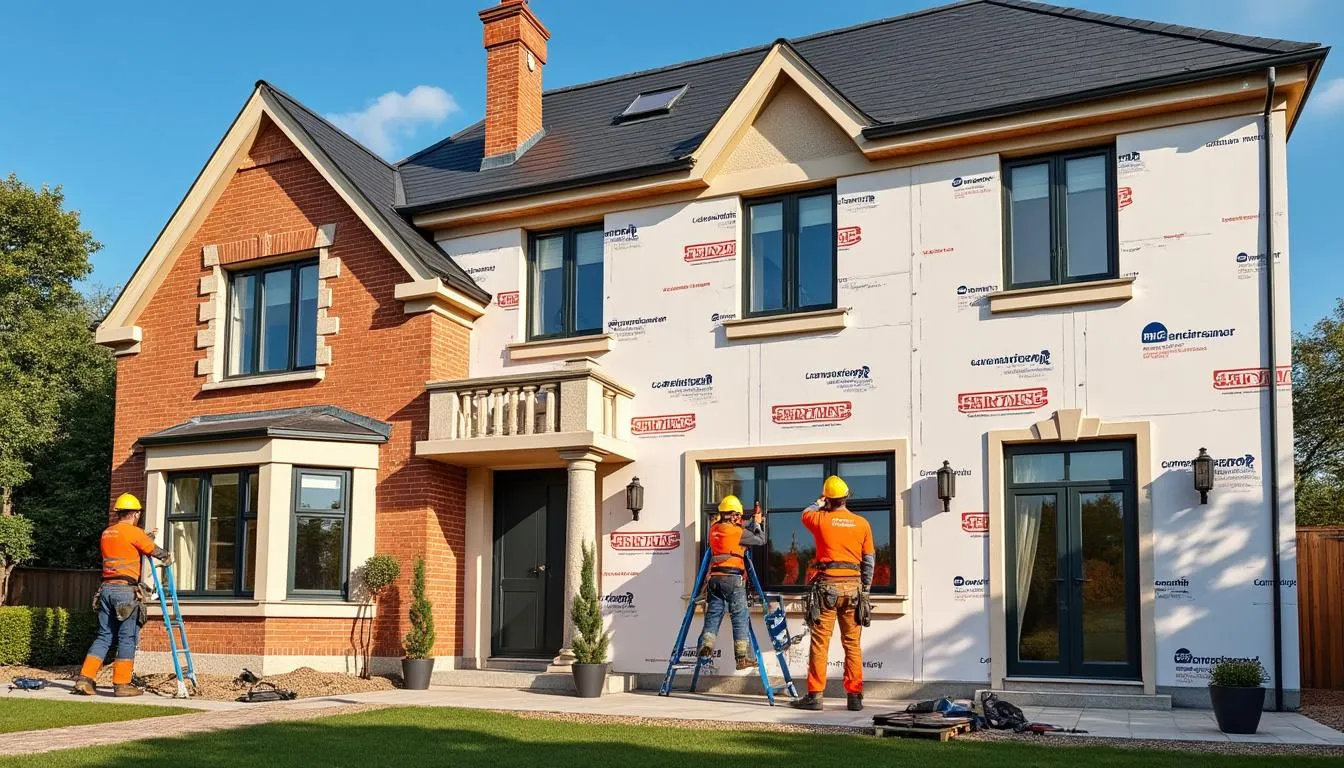 Ouvriers posant des panneaux isolants sur la façade en briques d'une maison en chantier