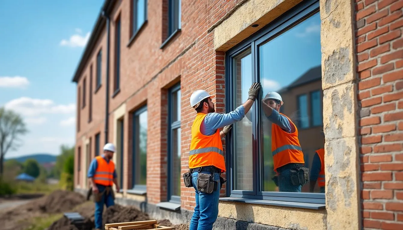 Deux poseurs installant une fenêtre double vitrage sur une façade en briques