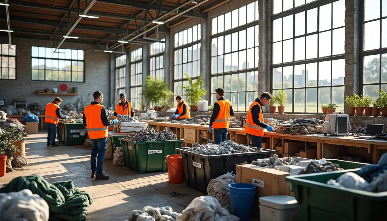 Bénévoles triant textiles et objets dans le hall vitré d'une ressourcerie