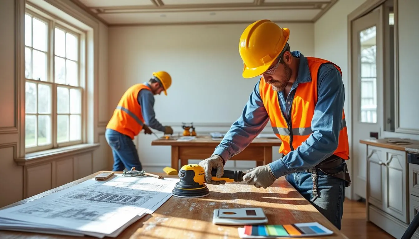 Artisans ponçant un plancher et consultant les plans dans une pièce en cours de rénovation