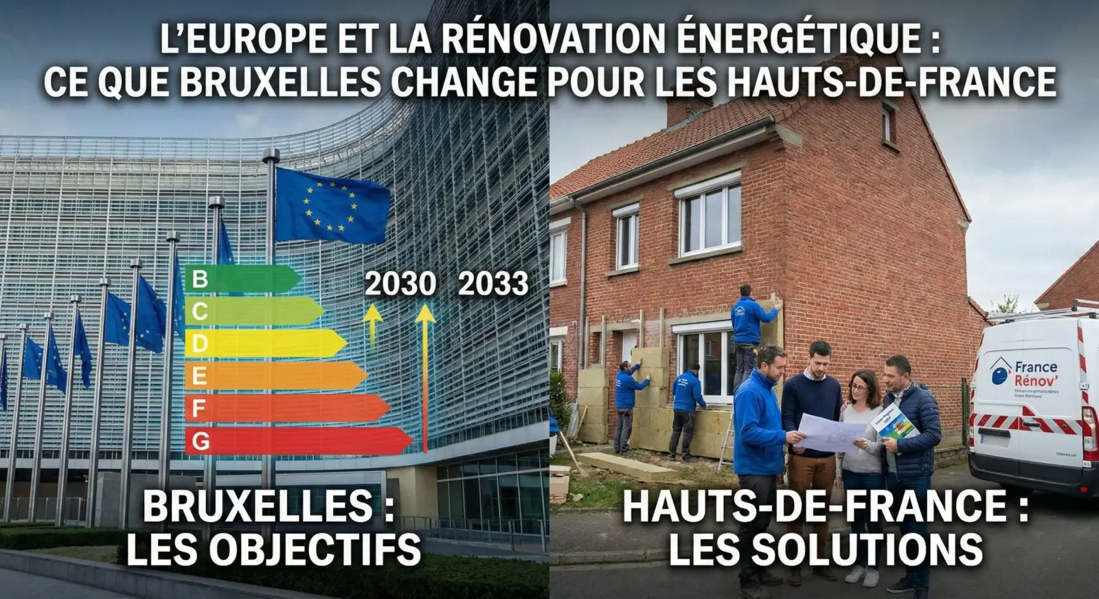 Montage : drapeaux européens avec étiquette énergie et réunion d'habitants devant une maison en travaux