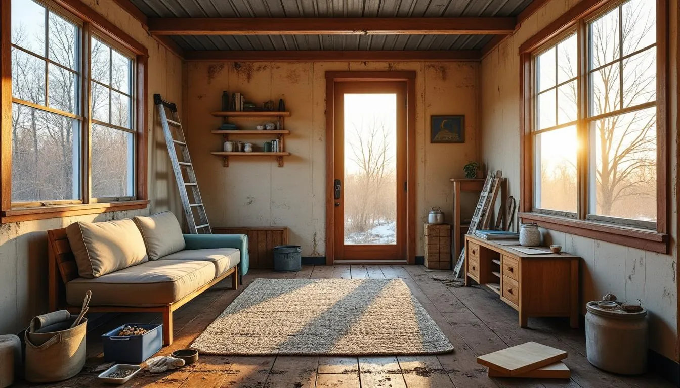 Pièce ancienne en cours de rénovation, échelle et mobilier chinés dans la lumière du soir