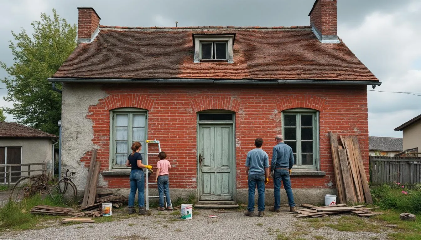 Famille repeignant elle-même la façade d'une petite maison ancienne en briques