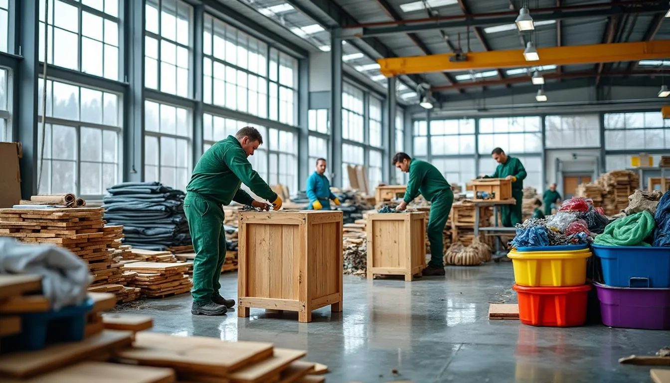 Ouvriers assemblant des caisses en bois de réemploi dans l'atelier d'une ressourcerie