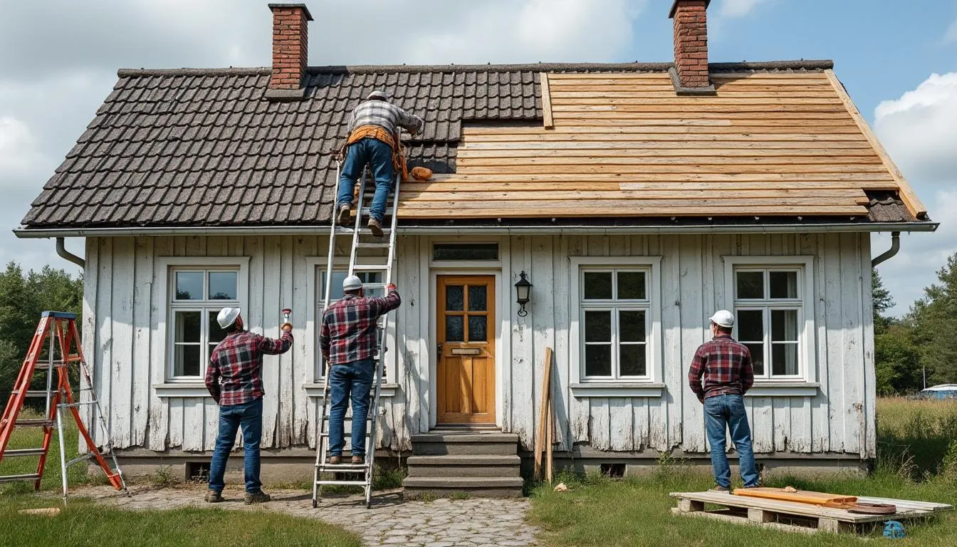 Ouvriers refaisant la toiture et les menuiseries d'une maison ancienne en bardage clair