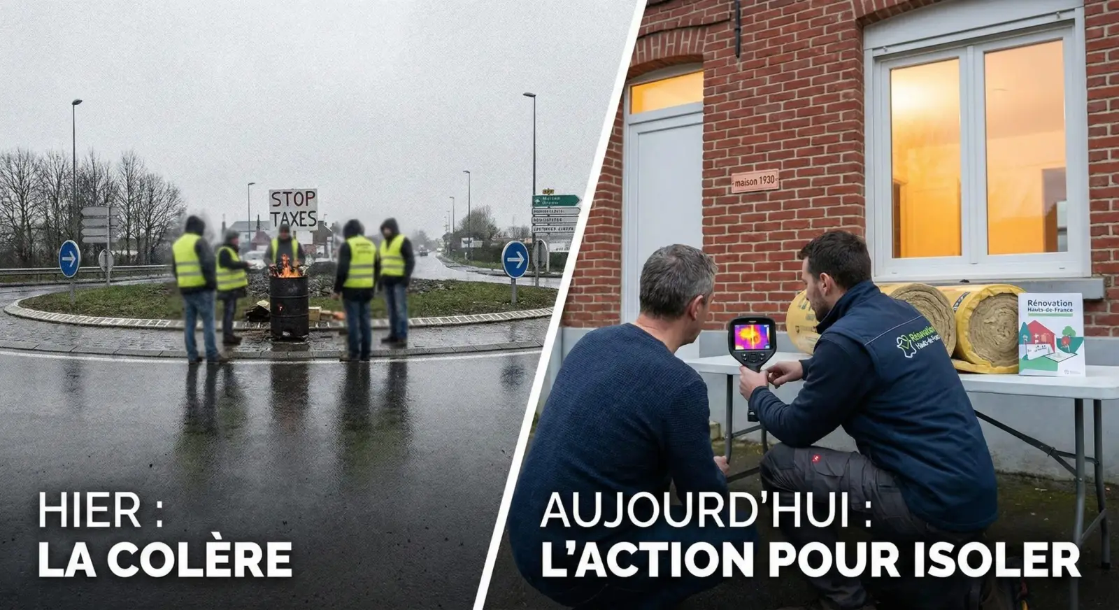 Montage : rassemblement de gilets jaunes sur un rond-point et relevé à la caméra thermique d'une façade